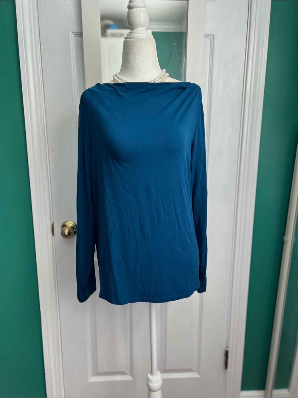 Eileen Fisher Teal Long-Sleeve Boatneck Top Medium